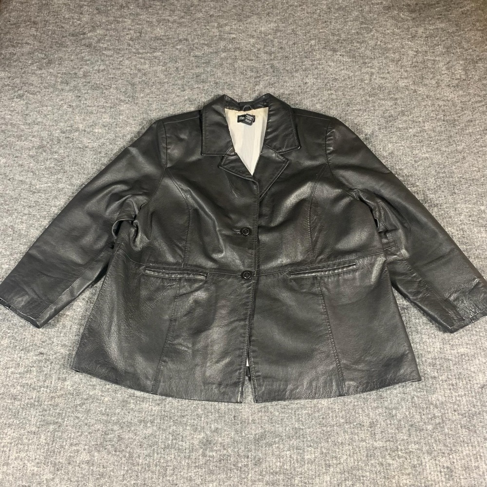 Maggie Barnes Blazer Womens 1X Black Leather Lined‎ Collared Single-Breasted